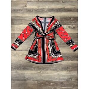 EvoVorro Women's XL Red Equestrian Print Twist Front Long Sleeve Mini Dress Y2K